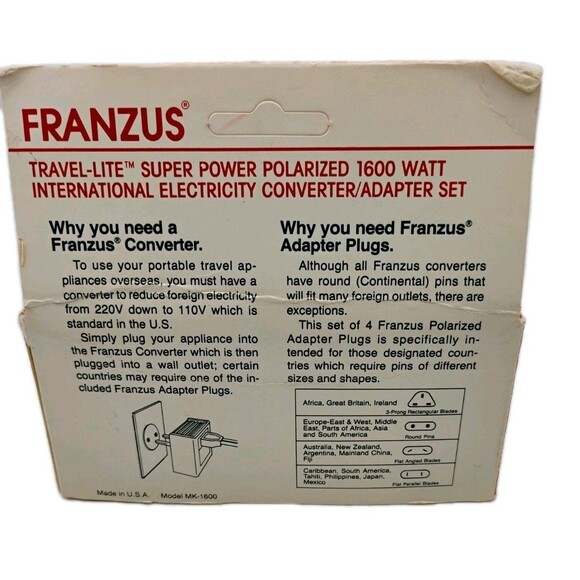VTG Franzus Travel-Lite MK-1600 1600W Converter Adapter Set NIB Polarized World - Picture 5 of 8